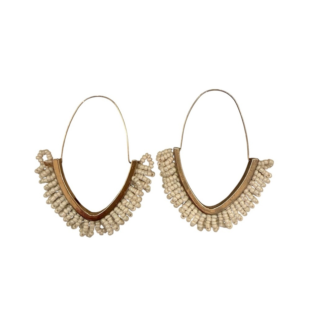 Beaded Fringe Gold Hoop Earrings in Cream